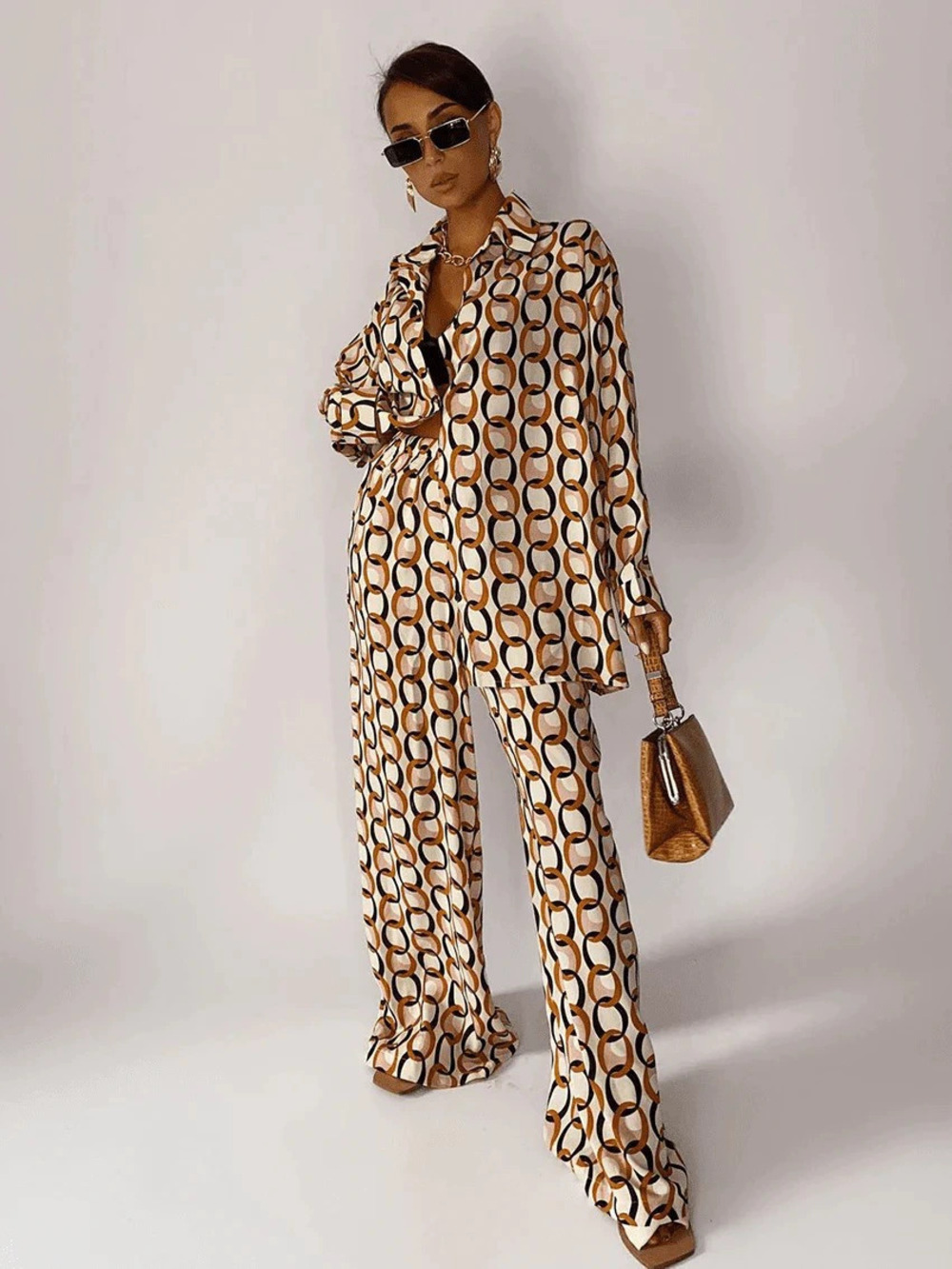 ZARA New Fashion Print Loose Long Sleeve Shirt Straight Leg Pants Set